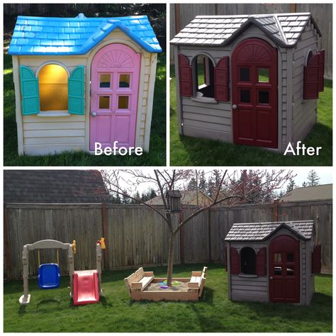 Little Tikes Playhouse Makeover | We got this playhouse for free from a family member and I decided to re-paint it to match our house. 14 cans later it looks great!! Painted Playhouse, Little Tikes Makeover, Toy Makeover, Playhouse Makeover, Trim Contrast, Build A Playhouse, Yellow House, Have Inspiration, Door Trim