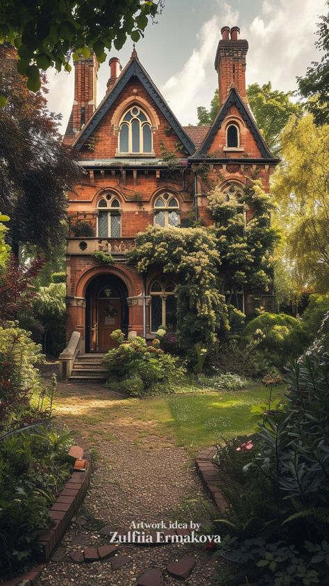 Victorian house. Classic red brick. My fantasy art created with AI. Mi... | TikTok Brick Italianate House Exterior, Victorian Forest House, 90s Victorian House, Brick Victorian Exterior, Spiderwick Chronicles House, Classic Victorian House, Victorian House Backyard, Orange Victorian House, Victorian Brick House