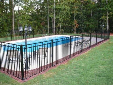 Backyard Fence Landscaping, Iron Fence Panels, Fence Around Pool, Country Pool, Pool Landscape Ideas, Pool Fences, Small Inground Pool, Inground Pool Landscaping, Cheap Pool