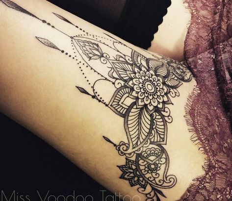 Jewelry flowers tattoo by Miss Voodoo Tattoo Chandelier Tattoo, Voodoo Tattoo, Tattoo Trend, Lace Tattoo, Full Sleeve Tattoos, Thigh Tattoos Women, Jewelry Tattoo, White Tattoo, Tattoo Trends