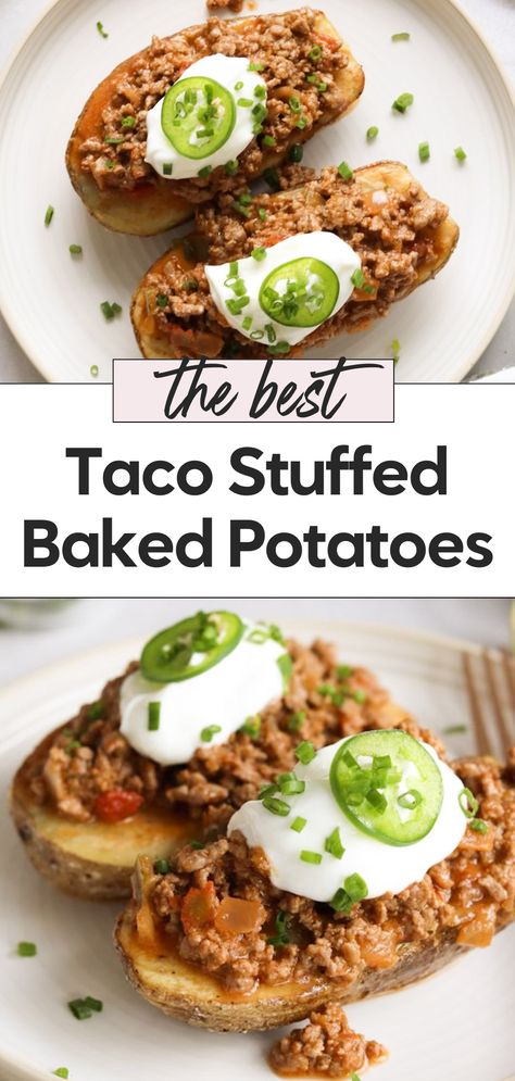 Try these taco baked potatoes, a perfect easy weeknight dinner. A baked potato stuffed with taco meat, ground beef, and taco seasoning make these taco stuffed baked potatoes a flavorful meal. These loaded baked potatoes for dinner are packed with taco filling and make a delicious baked potato main dish for the whole family. Potato Main Dish, Taco Baked Potato, Baked Potato Stuffed, Easy Taco Bake, Potatoes For Dinner, Baked Potato Recipe, Potato Stuffed, Taco Filling, Stuffed Baked Potatoes