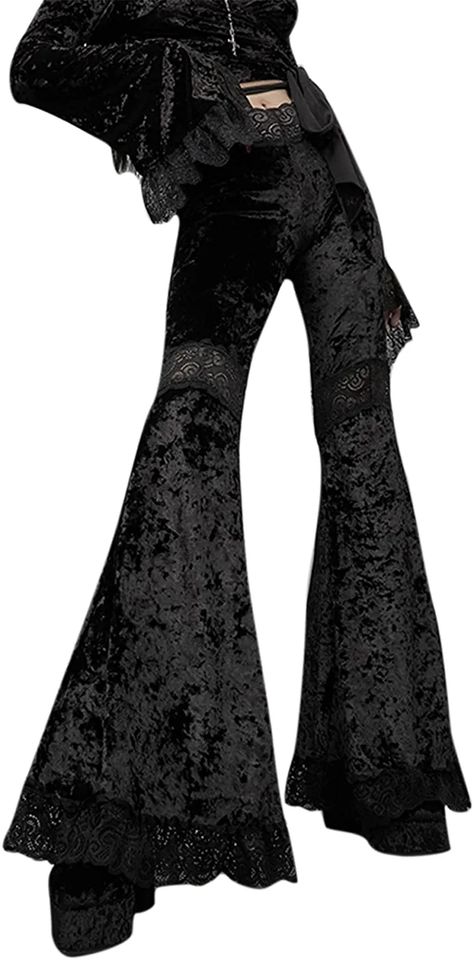 Goth Bottoms, Goth Pants, Hip Hop Trousers, Trousers High Waisted, Bell Bottom Trousers, Gothic Pants, Velvet Flare Pants, Edm Outfits, Halloween Leggings