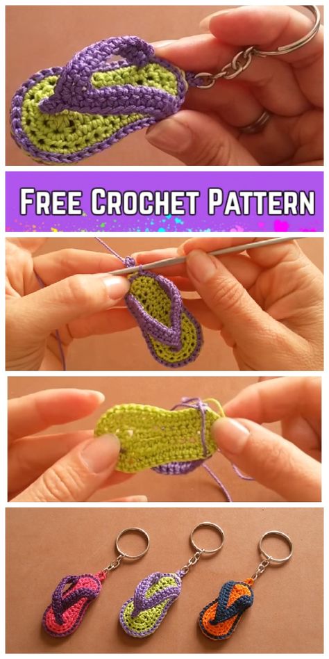 Flip Flop Keychain Crochet Free Patterns-Video Tutorial Crochet Flip Flop, Flip Flop Keychain, Modern Haken, Crochet Flip Flops, Crochet Slipper, Keychain Pattern, Confection Au Crochet, Crochet Keychain Pattern, Pola Amigurumi