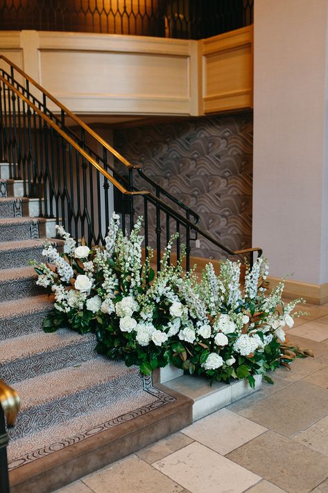 White Flower Staircase Wedding, Staircase Florals Wedding, Floral Hedge, Staircase Flowers, Staircase Installation, Aisle Florals, Wedding Stairs, White Hydrangea Wedding, White Delphinium