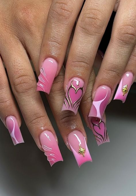 Pink Chrome Nails Designs Short, Nails 2024 Square, Purple And Pink Nails Design, Valentines Acrylic Nail Designs, Cute Pink Birthday Nails, Hot Pink And Silver Nails, Medium Square Acrylic Nails Designs, Pink Square Acrylic Nails, Pink Manicure Ideas