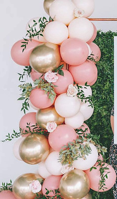 Bridal Shower Balloons Arch, Pink Bridal Shower Balloons, Blush Pink Balloon Arch, Pink Floral Balloon Arch, Tea Party Balloon Garland, Pink Gold Balloon Arch, Pink Balloon Decor, Pink And Gold Balloon Arch, Pink And White Balloon Arch