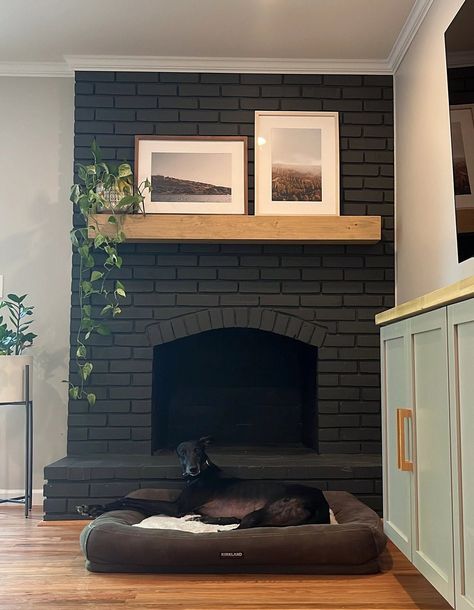 A wonderful addition that would compliment your fireplace or accent your wall. It is made to look like a heavy beam, but is a hollow design and very light. Our mantels hang using the classic French cleat hanging system. There is no stronger way to hang a shelf, and one of the best things about using this system is that no screw holes, no plugs, etc can be seen. The mantel shown in the primary listing photo is 60"L x 5"H x 7"D and is finished in Driftwood stain. - We use kiln dried, select grade Brick Mantle Fireplace, Natural Wood Fireplace Mantle, Transforming Brick Fireplace, Mantle Above Fireplace, No Mantel Fireplace Ideas, Fireplace Against Wall, Modernizing Brick Fireplace, Black Fireplace Wood Mantle, Black Tiled Fireplace