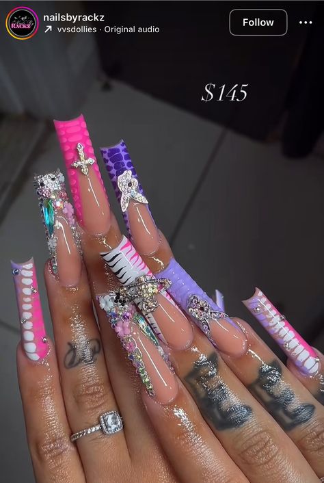 Cute Xl Nails, Dramatic Nails Acrylic, Extra Baddie Nails, Exotic Nails Acrylic, Exotic Birthday Nails, Xxl Acrylic Nails, Extravagant Nails, Dramatic Nails, Exotic Nail Designs