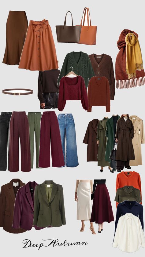 deep atumn colour pallatte Deep Autumn Colour Palette Clothes, Deep Winter Autumn Outfits, Dark Autumn Outfits For Winter, Autumn Season Color Palette Outfits, Fashion Color Theory, Warm Autumn Outfits Color Palettes, Autumn Seasonal Color Analysis Outfits, Deep Autumn Outfits Plus Size, Deep Autumn Vs Warm Autumn