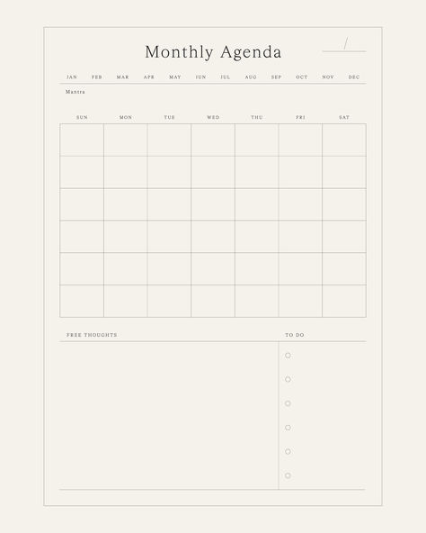 Monthly Agenda - Intentionally Created Worksheet intended for monthly planning and purposeful organization. | Journey to Joy - Minimal Series of Mindful Work Pages Designed to Nurture Your Inner Growth Pathway. Available for purchase on our website. #worksheet #journal #planner #organizer #digitalproduct Agenda Template Design, Journal Page Template, Work Planner Ideas, Planner Setup Ideas, Monthly Planner Ideas, Planner Page Ideas, Agenda Design, Holistic Branding, Agenda Ideas