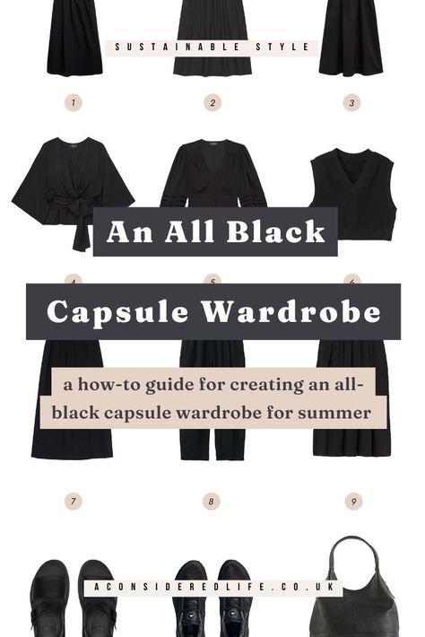 An All Black Summer Capsule Wardrobe Black And Green Capsule Wardrobe, Rock Chic Capsule Wardrobe, Witch Capsule Wardrobe, All Black Capsule Wardrobe, Black Undershirt Outfits, Black And White Capsule Wardrobe, Goth Capsule Wardrobe, Black And White Wardrobe, All Black Wardrobe