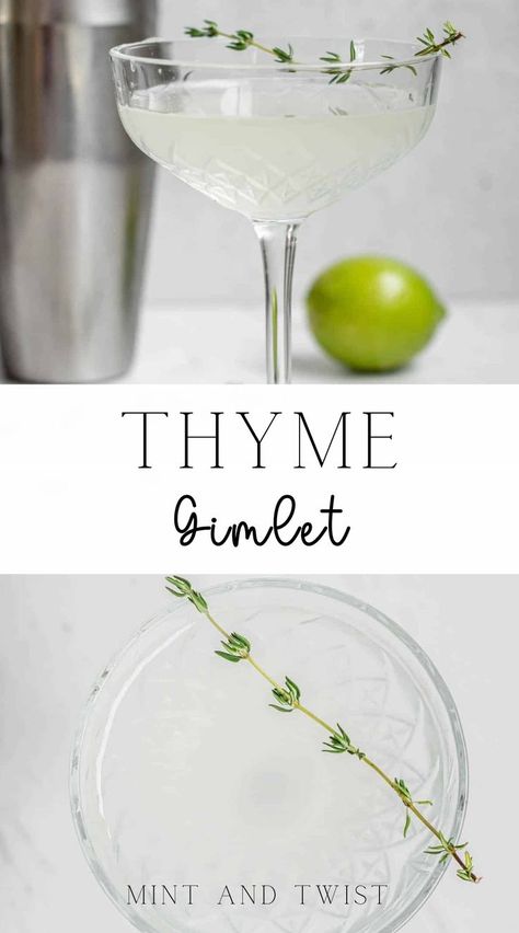 This thyme gimlet is crisp and fresh, lightly scented with fresh thyme. A classic gimlet is a gin cocktail with lime cordial. This thyme gin cocktail is a spin on this, with fresh lime juice and simple thyme syrup. Thyme with its earthy flavor and a hint of mint pairs wonderfully with bright and tangy and bright lime. Thyme Gin Cocktail, Thyme Simple Syrup, Gimlet Recipe, Gimlet Cocktail, Classic Gin Cocktails, Gin Recipes, Gin Drinks, Gimlet, Gin Cocktail