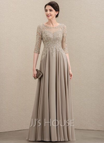 A-Line Scoop Neck Floor-Length Chiffon Lace Mother of the Bride Dress With Sequins (008195372) - JJ's House Floor Length Lace Dress, Bride Silhouette, Bride Dress Lace, Chiffon Lace Dress, Lace Bride, Dress Bride, Dresses Chiffon, فستان سهرة, Mothers Dresses