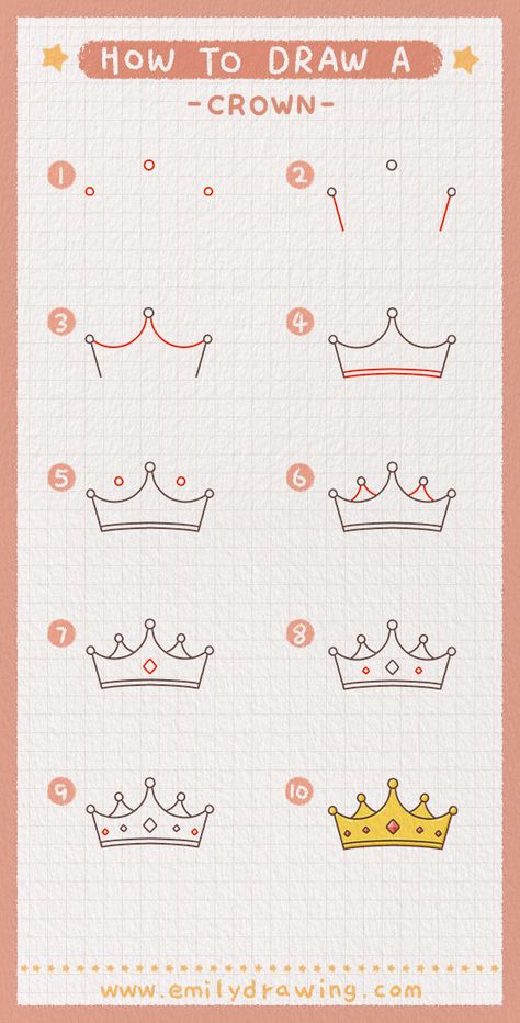 Setp by Step tutorial on how to draw a crown. FREE download the Printable drawing guide and coloring page,Click to Get! #drawing #howtodrawacrown #crown #learntodraw #howtodraw Crown Drawing Tutorial, Crown Simple Drawing, How To Draw A Crown Step By Step, How To Draw A Crown, Crown Drawing Easy, Crown Drawings, Princess Crown Drawing, Crown Doodle, Drawing Crown