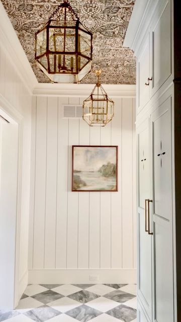 Ceiling Drawing, Wallpapered Entryway, Hallway Ceiling, Hallway Wallpaper, Wallpaper Ceiling, Mudroom Design, Hallway Design, Focal Points, The Ceiling