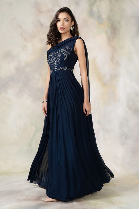 Buy Embellished One Shoulder Draped Gown by Pooja Peshoria at Aza Fashions Mehandi Dress, Western Gowns, Gowns Blue, Modern Wear, Draped Gown, Simple Gowns, Drape Gowns, Gown For Women, Saree Gown