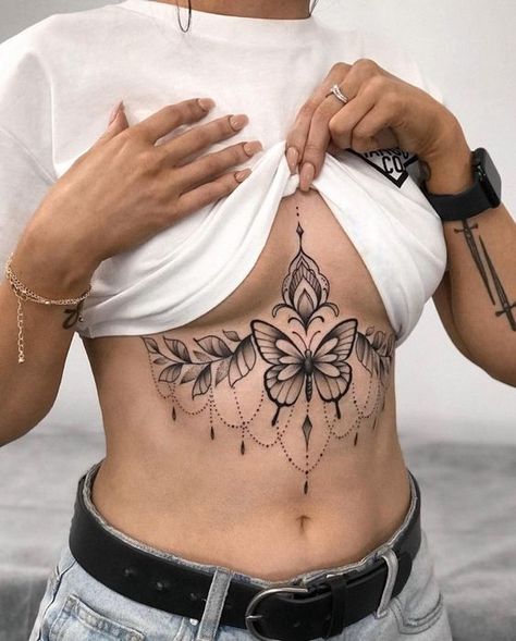 Font Tato, Underboob Tattoo Designs, Stomach Tattoos Women, Belly Tattoos, Chest Tattoos For Women, Chest Piece Tattoos, Pretty Tattoos For Women, Dope Tattoos For Women, Stomach Tattoos