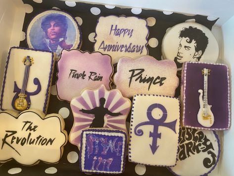 An anniversary surprise for her husband, he is a big fan of Prince!    Happy Anniversary!    #purplerain #music #love #anniversarycookies #prince #paisleypark #purple # #cookiesincolor #cookies #royalicing #decoratedsugarcookies #sugarcookies #decoratedcookies #cookiesofinstagram #personalisedcookies Prince Cookies Decorated, Prince Cookies, Anniversary Cookies, Prince Tribute, Happy Husband, Anniversary Surprise, Surprises For Her, Paisley Park, Prince Eric