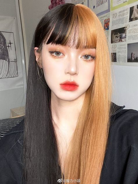 Hair Side Bangs, Split Dye Hair, Half Dyed Hair, Color Block Hair, Split Dye, Split Dyed Hair, Side Bangs Hairstyles, Dye Hair, Dyed Hair Inspiration