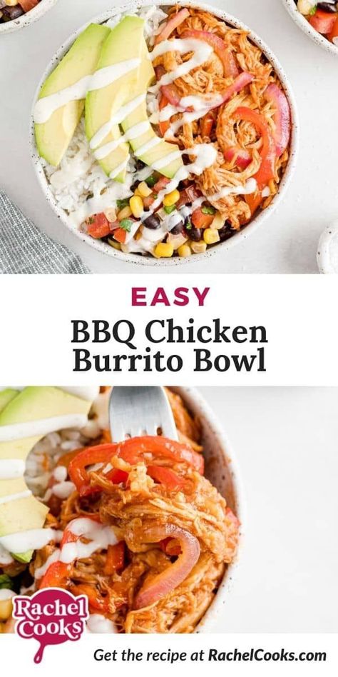 A BBQ chicken bowl is a meal in a bowl with rice, chicken, fajita style bell peppers and onions, and lots of tangy sweet BBQ sauce. Go crazy with the toppings! The bowl begins with cooked chicken and rice. The plain chicken is sauced up with your favorite barbecue sauce. After adding fajita style peppers and onions, the rest is really up to you. What do you love on your burrito bowl? Bbq Chicken Bowl, Meal In A Bowl, Spicy Coleslaw, Easy Bbq Chicken, Chicken Bowl Recipe, Sweet Bbq Sauce, Bbq Sauce Chicken, Tangy Bbq Sauce, Rice Chicken