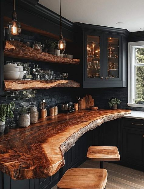 Live Edge Bar, Dark Home Decor, Dark Home, Dream House Interior, Wood Kitchen, Dream House Decor, Counter Top, Cabin Decor, Rustic Kitchen