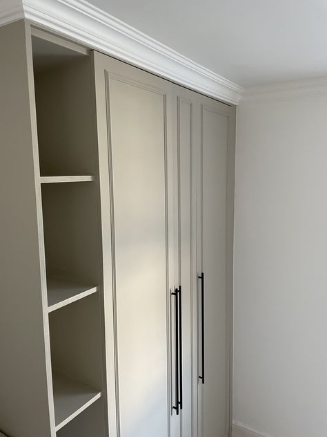 An IKEA PAX hack makes a custom closet for an awkward alcove | Livingetc Ikea Built In Wardrobes, Ikea Pax Doors, Ikea Cupboards, Pax Hack, Diy Doors, Awkward Corner, Alcove Storage, Ikea Pax Hack, Pax Closet