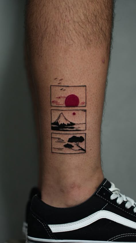 Mt Fuji Tattoo Design, Rising Sun Tattoos Japanese, Mountain Tattoo Japanese, Japanese Painting Tattoo, Japan Minimalist Tattoo, My Fuji Tattoo, Fuji Mountain Tattoo, Japanese Car Tattoo, Classic Tattoos For Men