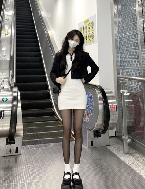 Korean Stockings Outfit, White Dress With Stockings Outfit, Chopstick Legs Outfit, Black Stockings Outfit, Stocking Outfit, Dress With Stockings Outfit, Cute Outfits With Shorts, Legs Outfit, Outfit Korean Style