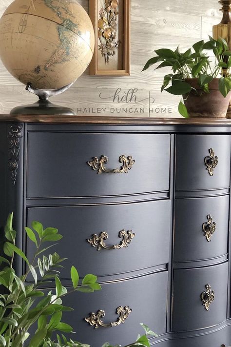 This DIY furniture makeover is stunning in Coastal Blue by General Finishes. It has the classic two tone look of paint and stain, and the hardware cleaned up beautifully. #furnituremakeovers #paintedfurniture Navy Blue Dresser, Navy Blue Furniture, Navy Furniture, Blue Images, Painted Bedroom, Diy Furniture Makeover, Blue Painted Furniture, Dresser Ideas, Staining Furniture