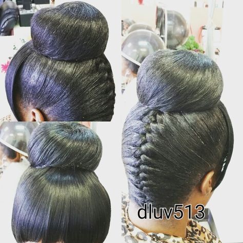 Updo bun with a french braid in the back Hair by dluv513 Updo French Braids For Black Hair, Black Hair Updo Hairstyles Up Dos, Two French Braids Into Bun Black Hair, French Braid Updo For Black Women, Hairstyle Clips, Braided French Roll For Black Hair, Roll Bun Hairstyle, Updo Buns, Donut Hair Bun