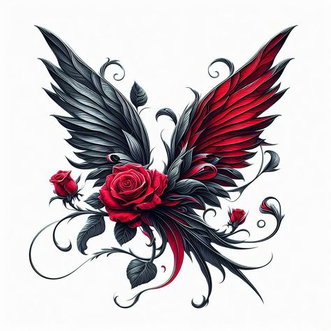 Roses With Wings Tattoo, Thigh Tattoos Women Cover Up, Girly Skull Tattoos, Rose Heart Tattoo, Dark Roses Tattoo, Heart With Wings Tattoo, Ink Tattoo Design, Rose And Butterfly Tattoo, Red Tattoo Ideas