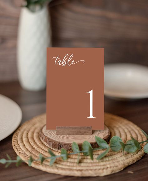 Terracotta Minimalist Wedding Table Numbers | Simple Table Number Card | Modern Script Sign | Editable Template | Printable | J4 Terracotta Table Numbers, Terracotta Boho Wedding, Boho Wedding Table, Notes Diy, Wedding Table Numbers Template, Table Number Card, Print Center, Number Templates, Table Number Cards