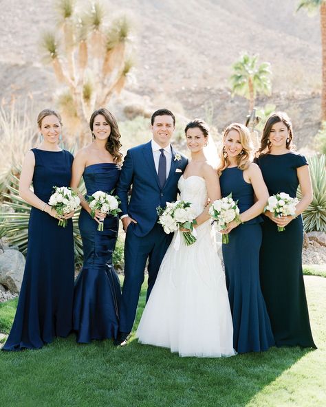 Blue Bridesmaid Dresses Mismatched, Bridesmaid Dresses Mismatched, Mismatched Bridesmaid Dresses Blue, Dark Blue Bridesmaid Dresses, Colorful Wedding Dress, Navy Blue Wedding Theme, Chic Bridesmaid Dresses, Mismatched Bridesmaid Dresses, Blue Themed Wedding