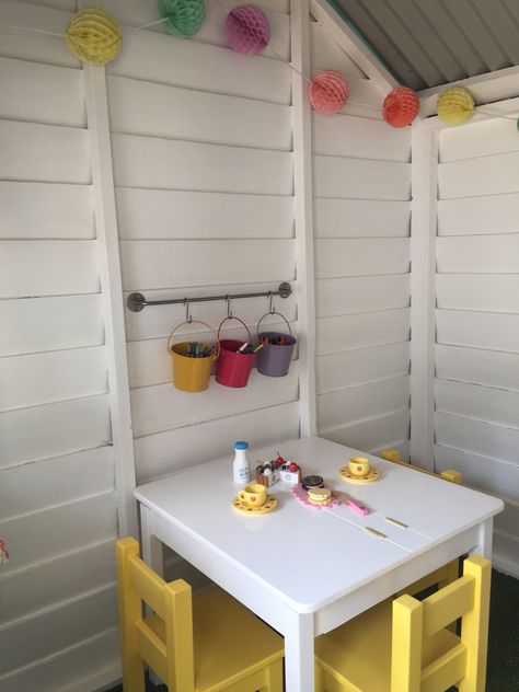 Cubby/playhouse interior Interior Cubby House Ideas, Playhouse Shed Ideas, Cubby Interior Ideas, Diy Playhouse Interior, Wendy House Ideas Interior, Cubby House Ideas Interior, Wendy House Interior, Small Cubby House, Outdoor Playhouse Interior Ideas