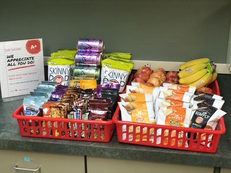 We appreciate all you do! Teacher Snacks during conferences. Staff Lounge Snack Ideas, Teachers Lounge Snack Bar, Staff Snack Station, Staff Snack Bar Ideas, Teacher Snacks Ideas, Teacher Meeting Snacks, Teacher Break Room Snack Ideas, Teacher Conference Meal Ideas, Snack Bar For Teachers