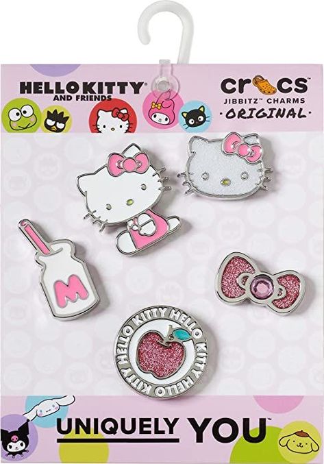 5-Pack Hello Kitty Crocs Charms: Say hello to your super cute Sanrio friends! Featuring Hello Kitty, Kuromi, My Melody, Cinnamoroll, Pompompurin, Charmmy Kitty, and Chococat. Jibbitz Charms Fit Any Crocs Shoes: Personalize your favorite pair of Crocs with Jibbitz. Compatible with Crocs clogs, lined clogs, slides, sandals, platforms, or boots. Fit adults and kid styles. Jibbitz Crocs, Pink Crocs, Hello Kitty Shoes, Charmmy Kitty, Crocs Jibbitz, Hello Kitty And Friends, Croc Charms, Decorated Shoes, Shoe Charms