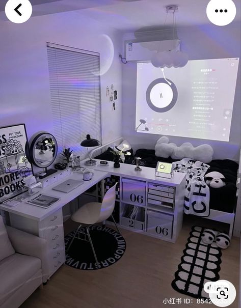 8 Ball Rug, Small Room Layouts, Panda Slippers, Reka Bentuk Bilik Tidur, Comfy Aesthetic, Bed Inspo, Small Room Makeover, Black Comforter, Best Projector