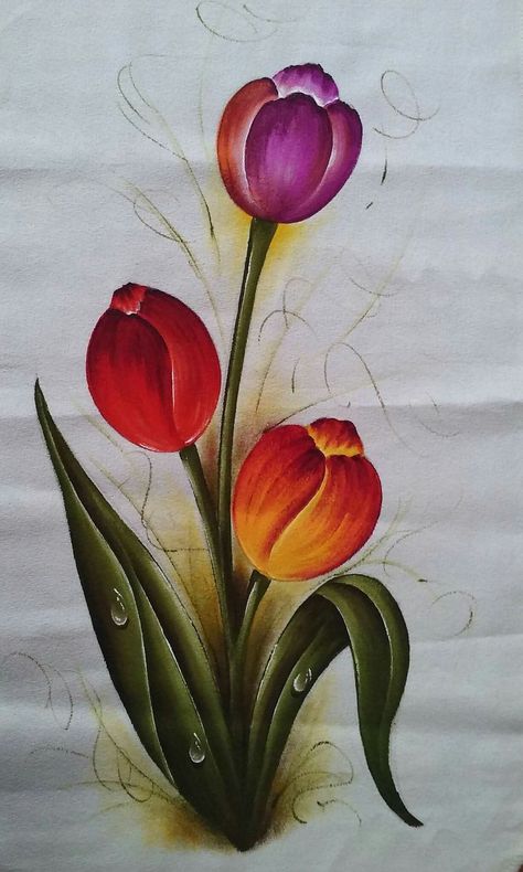 Apr 18, 2017 - This Pin was discovered by Miriam Choque Cruz. Discover (and save!) your own Pins on Pinterest Tulip Fabric Paint, Fabric Painting Techniques, Tulip Painting, Fabric Paint Designs, Acrylic Painting Techniques, Watercolor Flowers Paintings, Painting Designs, Painting Patterns, Fabric Painting