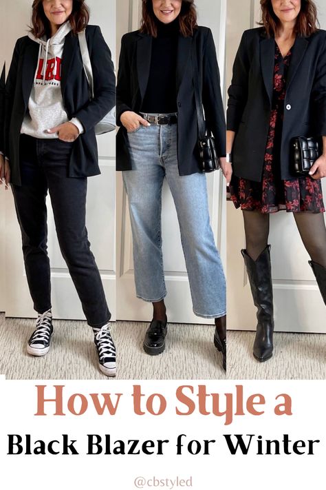 How to style and wear a black blazer with these trendy fashion outfits. Casual winter outfits that are on trend for date night, going out, or even work outfit ideas. Black Knit Blazer Outfit, How To Wear Blazers Casual, Black Blazer Date Night Outfit, Winter Black Blazer Outfits For Women, Jeans With Black Blazer Outfit, What To Wear With Black Blazer, Blazer And Jeans Outfit Winter, Black Blazer Winter Outfit, How To Wear A Black Blazer