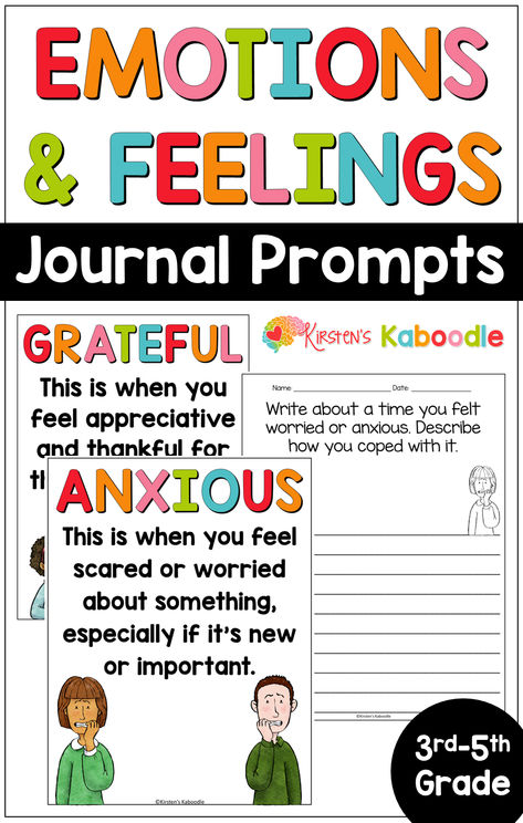 These journal prompts about emotions are the perfect way to get your 3rd, 4th, and 5th graders to reflect on their feelings and emotions in certain situations. These journal prompts for feelings ask children to think and write about a time when they were experiencing different emotions. These feelings writing prompts also include posters to help your students understand the definition of each emotion or feeling. Click to preview and find out if these are the perfect fit in your classroom. Writing Emotions Feelings, Journal For Emotions, Prek Journal Prompts, Journaling To Process Emotions, Daily Check In For Students Emotions, Work Journal, Daily Journal Prompts, Social Emotional Activities, Writing Prompts For Kids