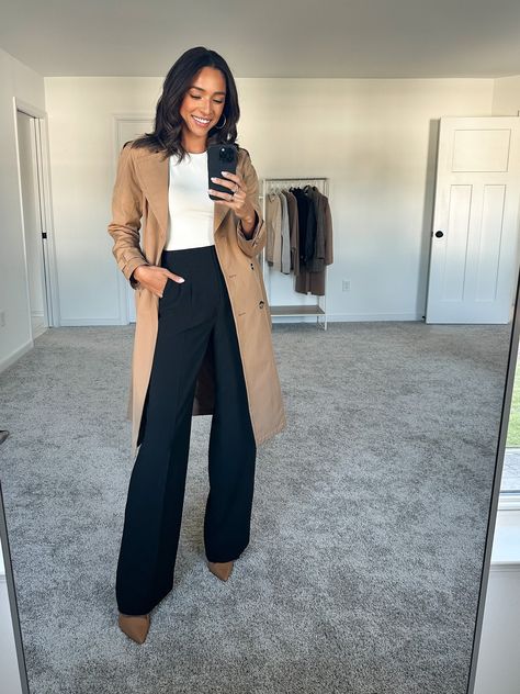 Long Coat Office Outfit, Posh Office Outfit, Wide Leg Jeans Office Outfit, Cream Wide Leg Trousers Outfit, Wide Leg Office Outfit, Trench Coat Work Outfit, Bodysuit Work Outfit, Cream Bodysuit Outfit, Wide Leg Trousers Outfit Work