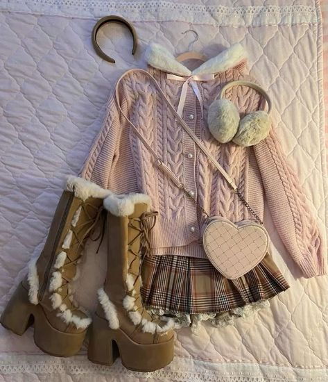 Shoujo Winter Outfits, Himekaji Outfits Winter, Coquette Outfit Winter, Coquette Winter Outfits, Shoujo Girl Outfit Winter, Hime Gyaru Winter, Pink Harajuku Style Winter Sweater, Hollister Style, Y2k Fits