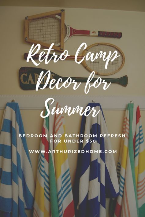 Summer Camp Interior Design, Camp Cottage Decor, Retro Cabin Interior, Camp Style Bathroom, Retro Camp Decor, Summer Lake House Vibes, Fish Camp Decor, Vintage Summer Camp Color Palette, Boys Bedroom Outdoor Theme