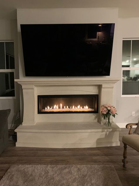 75” Tv Above Fireplace, Faux Fireplace Under Tv, Bench Under Tv, Decor Under Tv, Painted Fireplaces, Cast Stone Mantel, Tv Fireplace, Fireplace Inspiration, Fireplace Diy