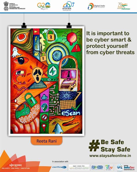 Painting of the day🖌️ 🎨 Artist - Reeta Rani #staysafeonline #cybersecurity #g20india #g20dewg #besafe #staysafe #mygov #ssoindia #meity #staysafeonline #g20org #onlinefraud #online #cybercrime #kids #stopcyberbullying #india #scam #parents #g20summit #mygovindia #children #mom #mondaymood #motivationalmonday #monday #Mondaythoughts #Mondaymorning #Mondayvibes Energy Saving Is Environment Saving Poster Making, Cybercrime Poster, Social Media Poster Drawing, Feminism Poster, Background For Powerpoint Presentation, Safe Internet, Handmade Poster, Security Logo, Unique Words Definitions