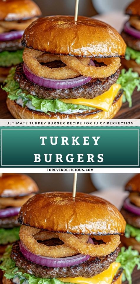 I’m excited to share my ultimate turkey burger recipe that guarantees juicy perfection! These mouthwatering burgers are topped with crispy onion rings, fresh lettuce, and rich cheddar cheese, all sandwiched in a perfectly toasted brioche bun. Perfect for grilling season or a quick weeknight dinner! Turkey Burger Sides, Juicy Turkey Burger Recipes, Turkey Burgers Recipes, Baked Turkey Burgers, Turkey Burger Recipes Healthy, Burgers At Home, Crispy Onion Rings, Burger Bread, Burgers Recipes