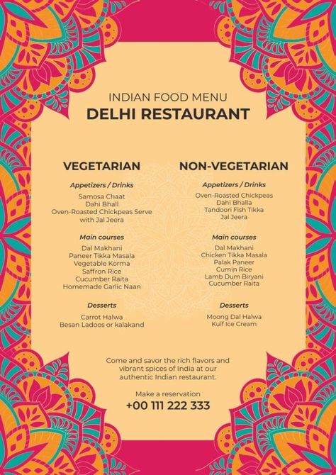 Colorful Hand-drawn Delhi Indian Food Restaurant Menu Indian Food Menu Card, Cloud Kitchen Menu Ideas, Indian Catering Menu Ideas, Indian Wedding Menu Ideas, Indian Food Menu Design, Menu Design Ideas Creative, Indian Restaurant Menu Design, Menu Layout Design, Indian Menu Design