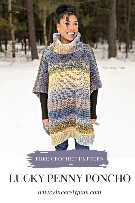 Lucky Penny Poncho Ladies Sizes | Free Crochet Pattern | Sincerely pam Crocheted Ponchos, Pola Sweater, Fashionable Crochet, Poncho Au Crochet, Poncho Patterns, Blanket Cardigan, Crochet Poncho Free Pattern, Poncho Crochet, Lucky Penny