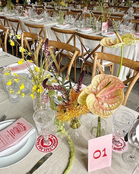 bud vase vignettes @robertaspizza + stationary by the bride @manthestudio 🍕✨🍕 // planning @aabcreates #pizza #budvases #amaranthus #tablescape #brooklyn #brooklynflorist #nycflorist #rehearsaldinner #vibes Colorful Bud Vases And Candles, Amaranth Table Decor, Anthurium Tablescape, Amaranthus Centerpiece, Amaranthus Wedding, Bud Vase Tablescape, Flower Bud Vases, Grad Dinner, Bud Vases Wedding