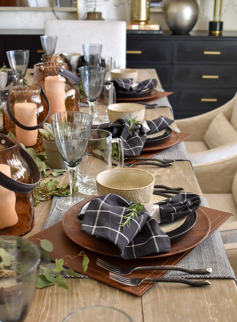 Masculine Table Settings, Masculine Dinner Party Table Settings, Masculine Table Centerpieces, Masculine Tablescape, Masculine Party Decor, Masculine Centerpieces, Masculine Party, Herb Centerpieces, Casual Table Settings